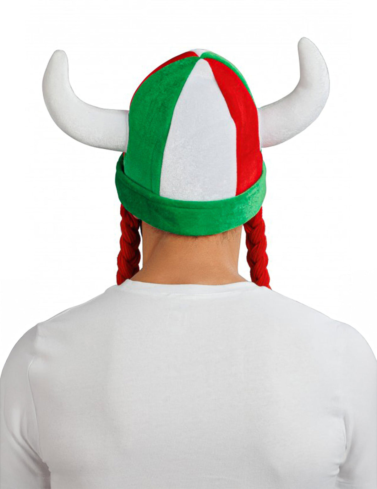 Casco de tela con cuernos y trenzas de hincha verde blanco rojo Italia