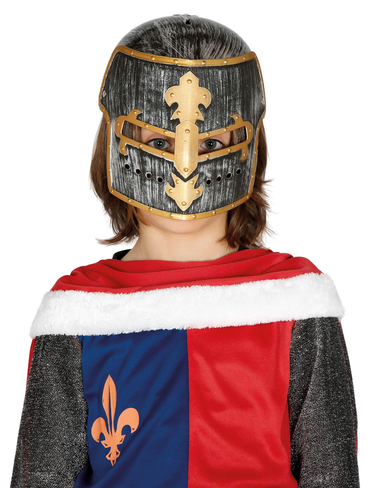 Casco de caballero medieval para niño negro y dorado con flor de lis