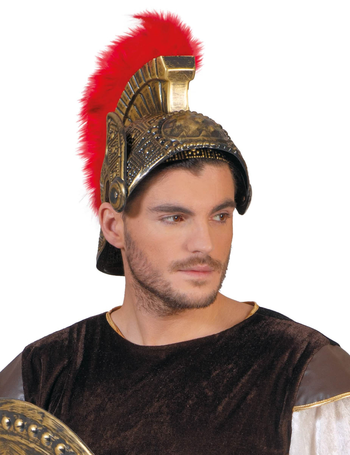 Casco romano para adulto dorado con plumas rojas