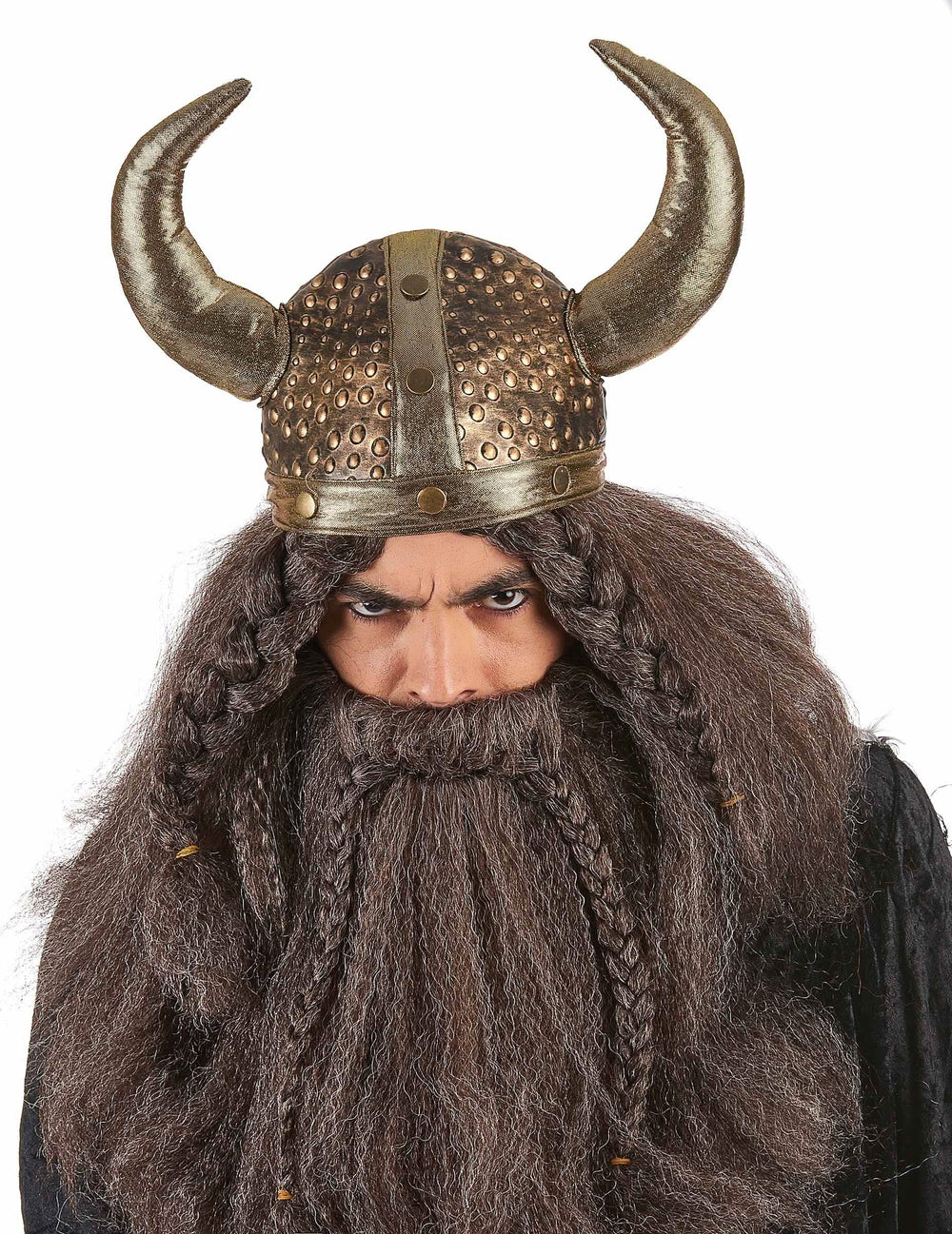 Casco vikingo para adulto flexible metalizado bronce con cuernos
