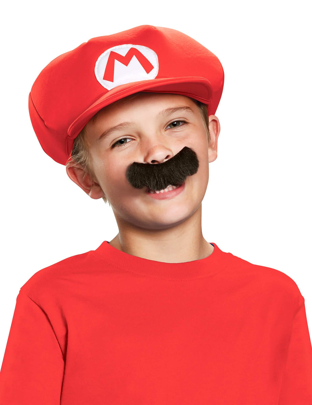 Gorra y bigote Mario para niño rojo con logo m y bigote negro