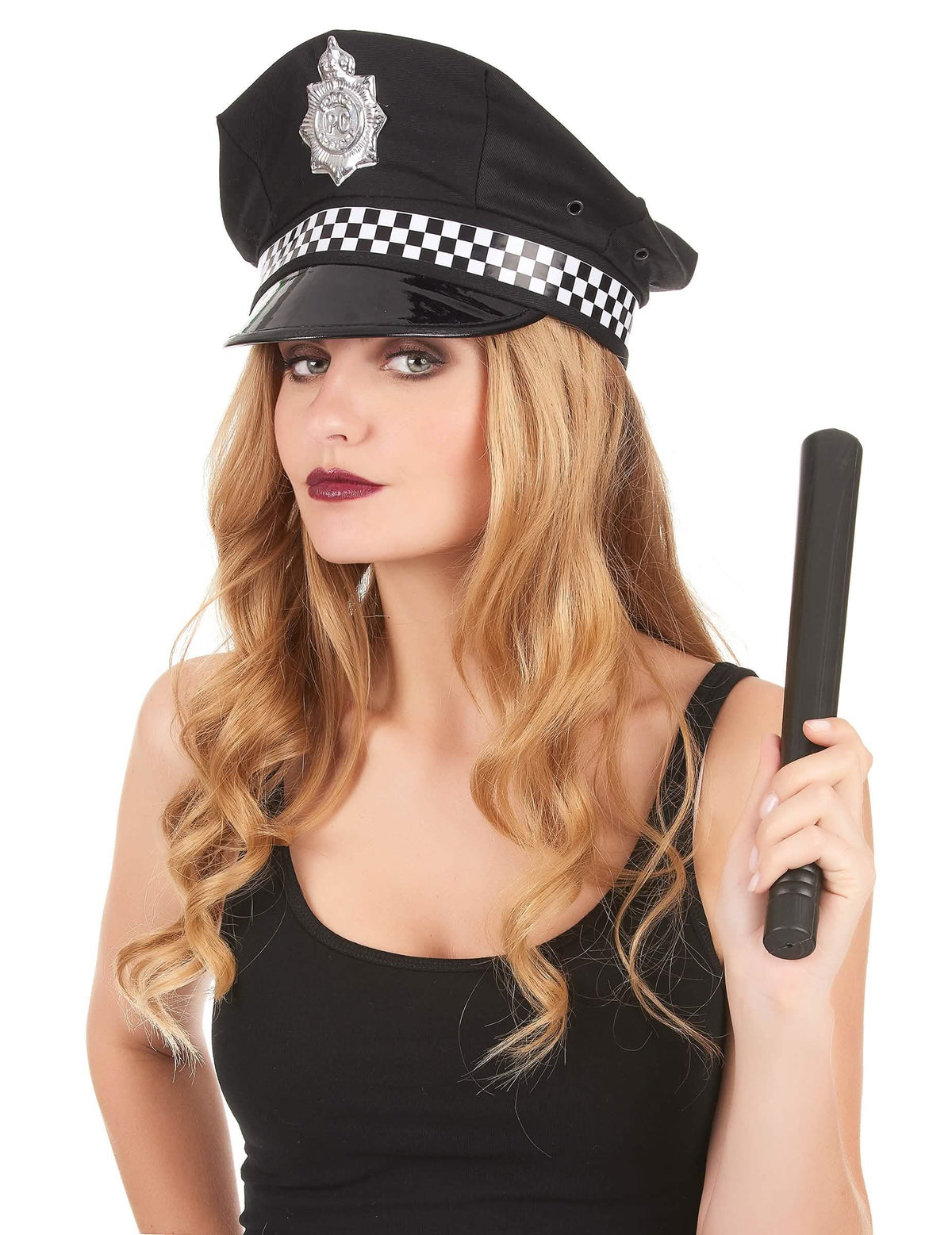 Vue de face de la casquette policier anglais pour adulte avec matraque