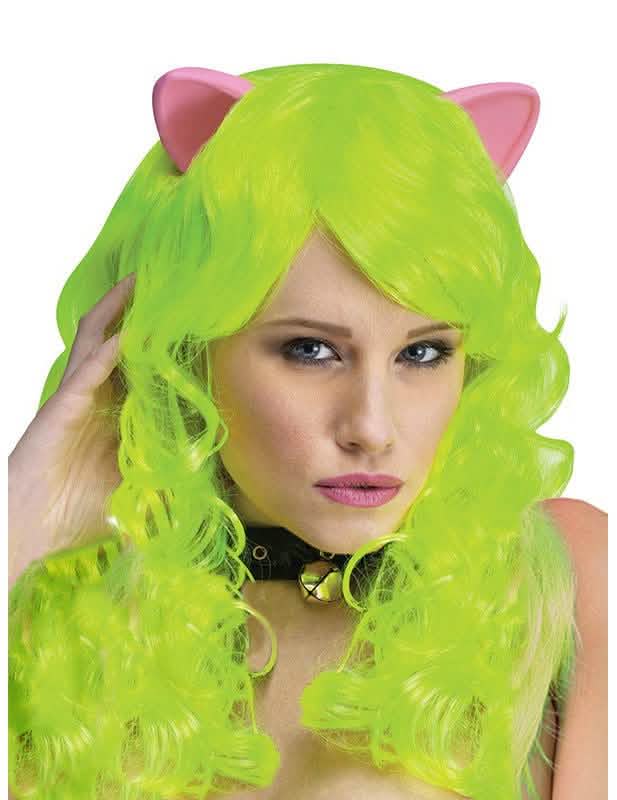 Peluca de fantasía con orejas de gato para mujer verde neón y rosa