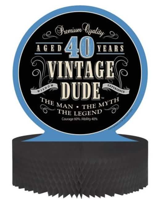 Centro de mesa de papel alveolado cumpleaños Vintage 40 años para hombre azul y negro