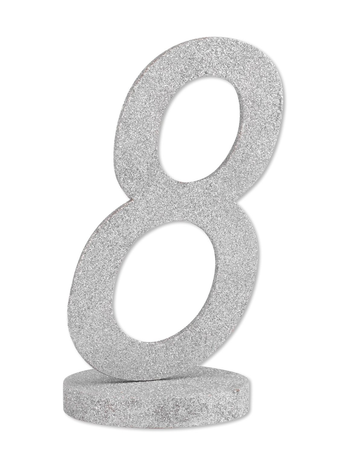 Centro de mesa número 8 para fiesta plateado con purpurina con base de madera