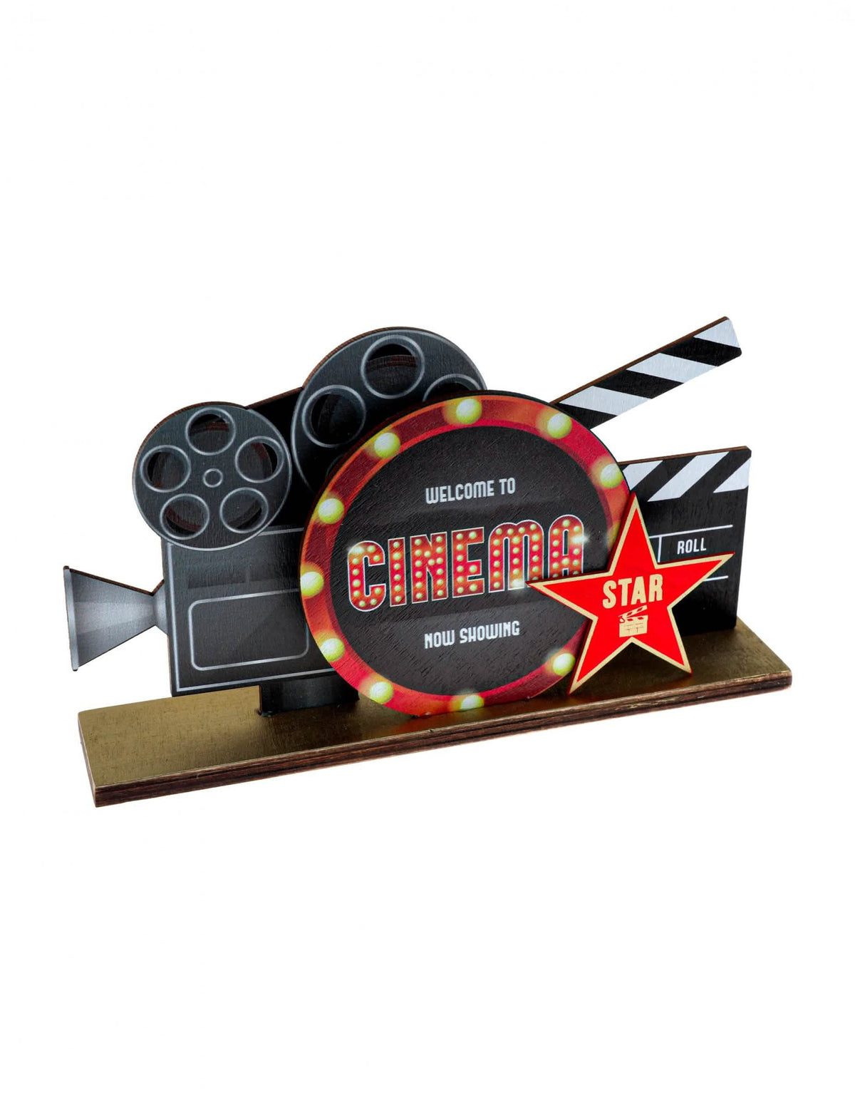 Centro de mesa de madera hollywood para fiesta rojo y negro con cámara y claqueta de cine