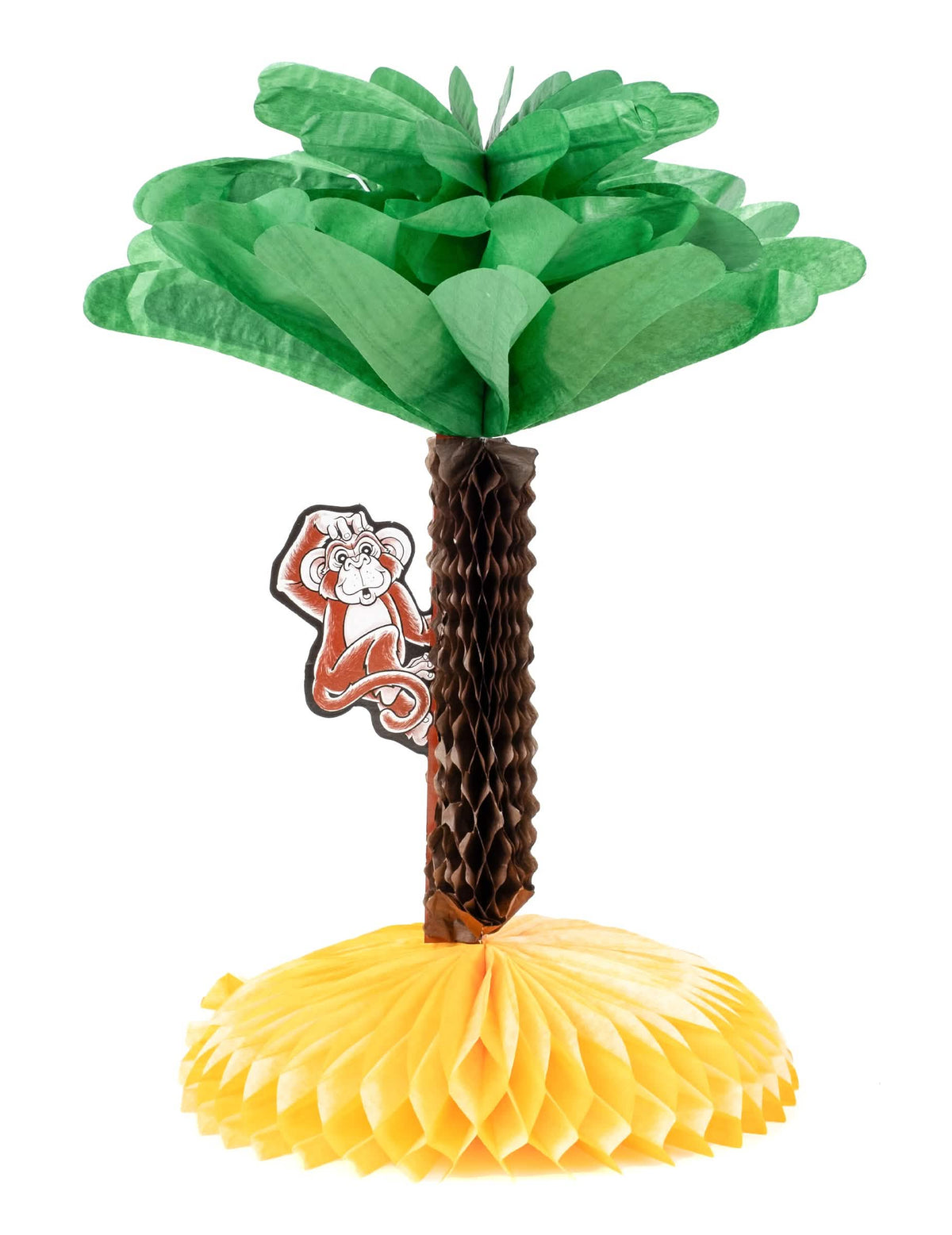 Centro de mesa de papel palmera hawái con mono verde marrón y amarillo