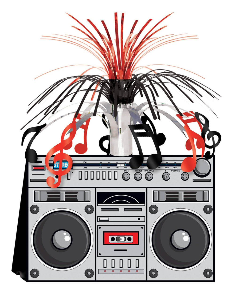 Centro de mesa ghetto-blaster años 80 boom box para fiesta plateado con notas musicales rojas y negras