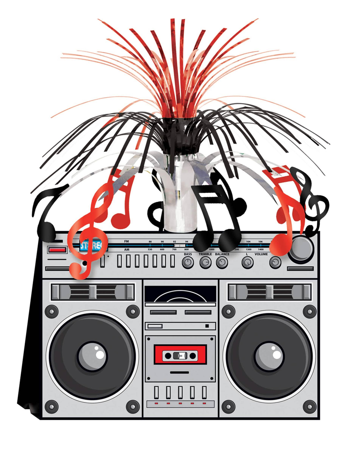 Centro de mesa ghetto-blaster años 80 boom box para fiesta plateado con notas musicales rojas y negras
