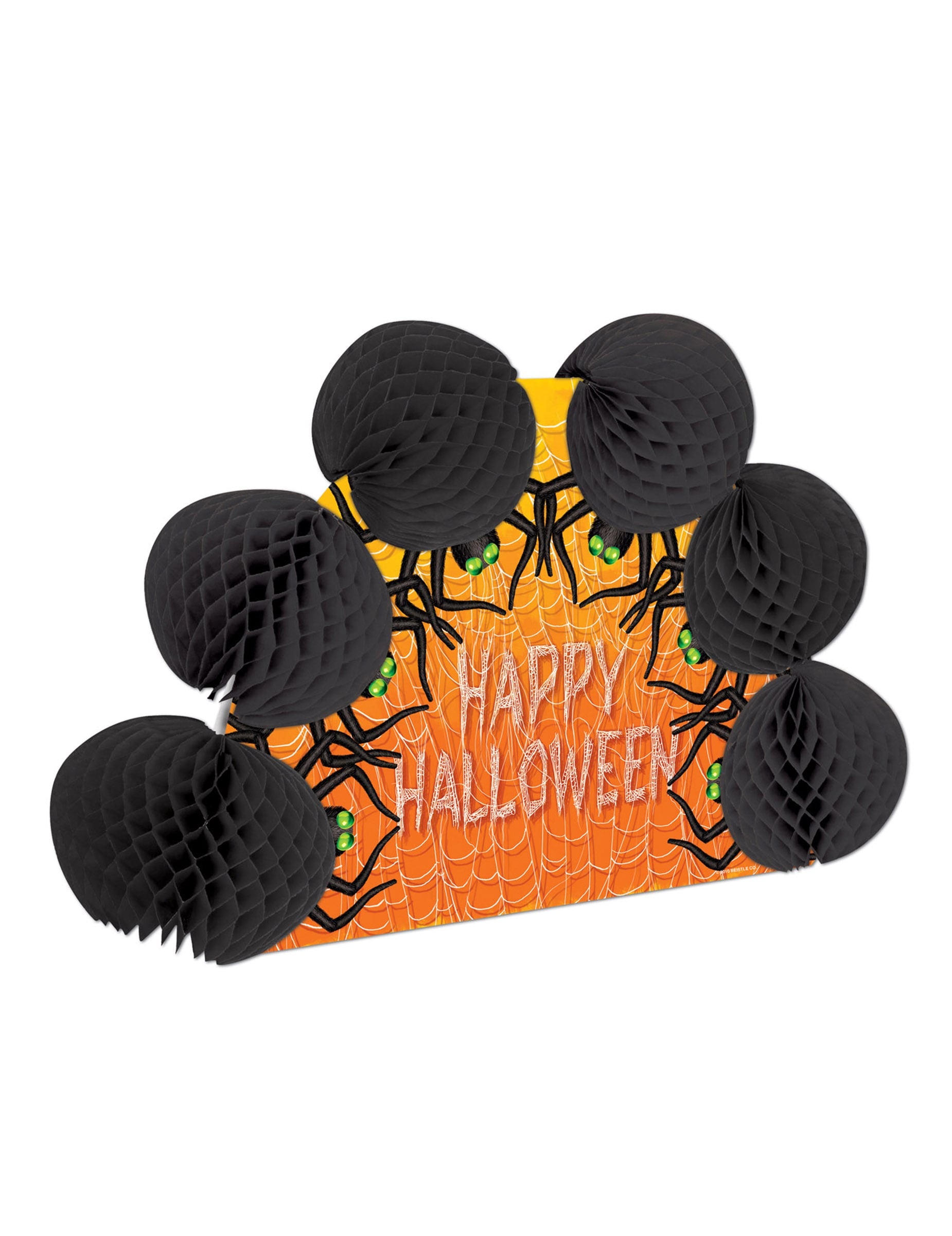 Centre de table araignées Happy Halloween noir et orange avec boules alvéolées