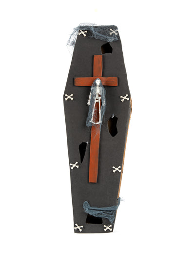 Cercueil avec croix Halloween pour décoration noir avec squelette et voile