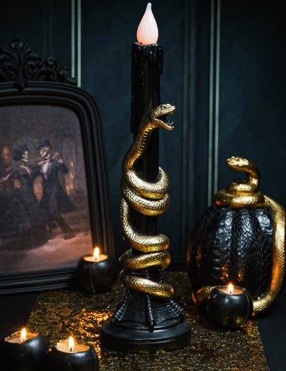 Candelabro decorativo de resina negro con serpiente dorada y LED 11 x 11 x 41 cm