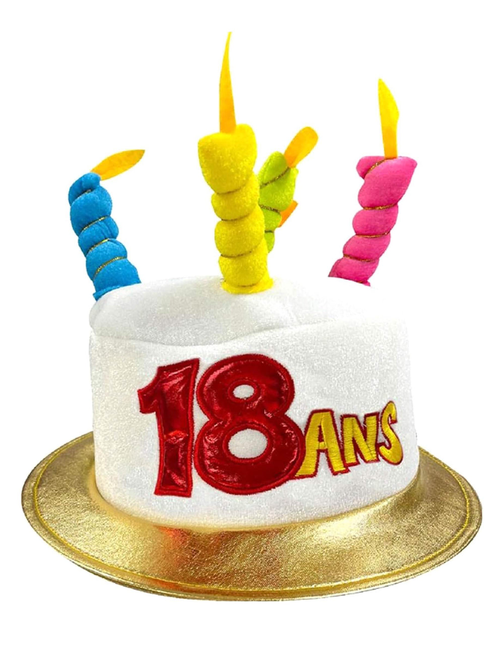 Chapeau Age 18 pour adulte blanc avec bougies multicolores et rebord doré