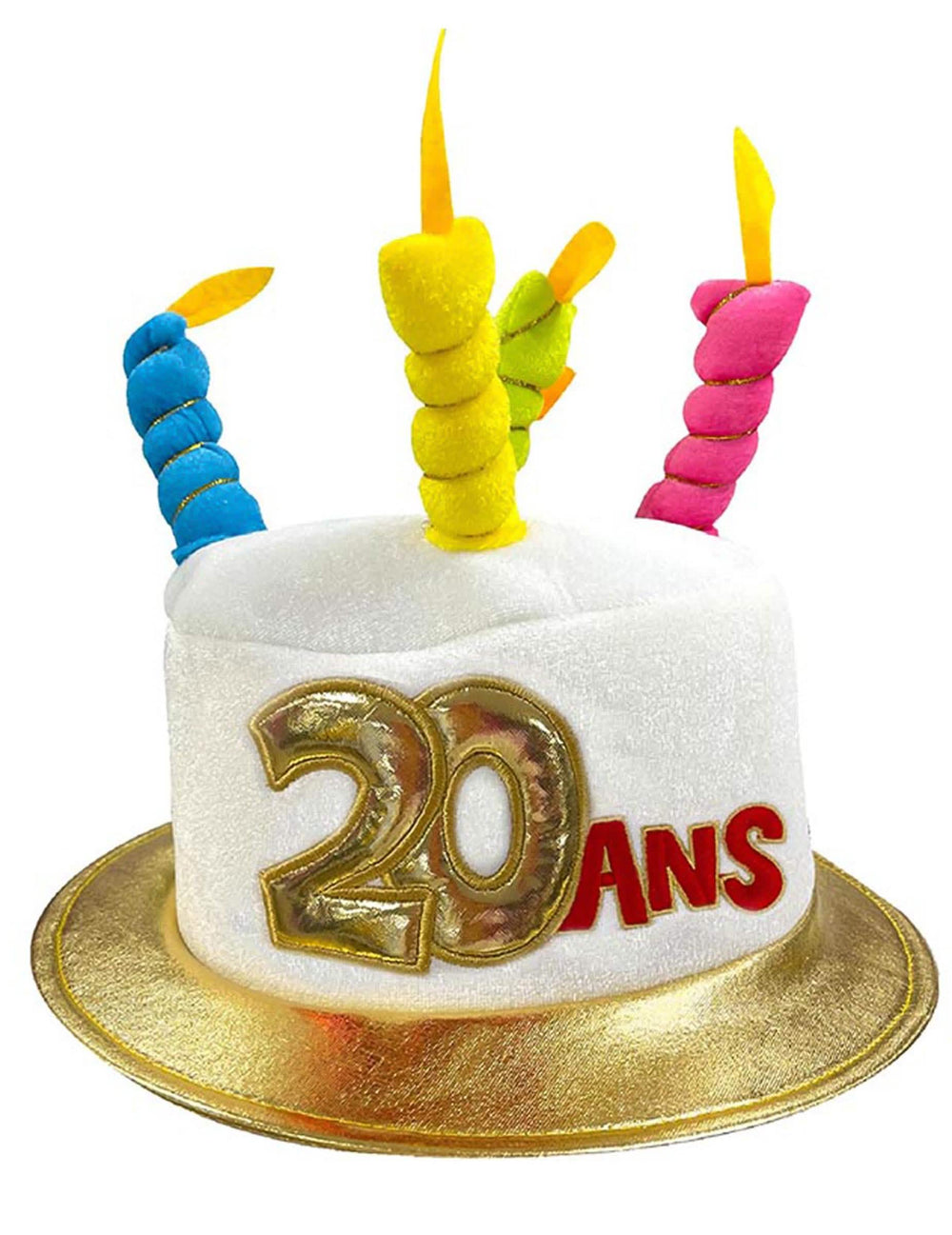 Sombrero de cumpleaños de 20 años para adulto blanco con velas multicolores y ribete dorado