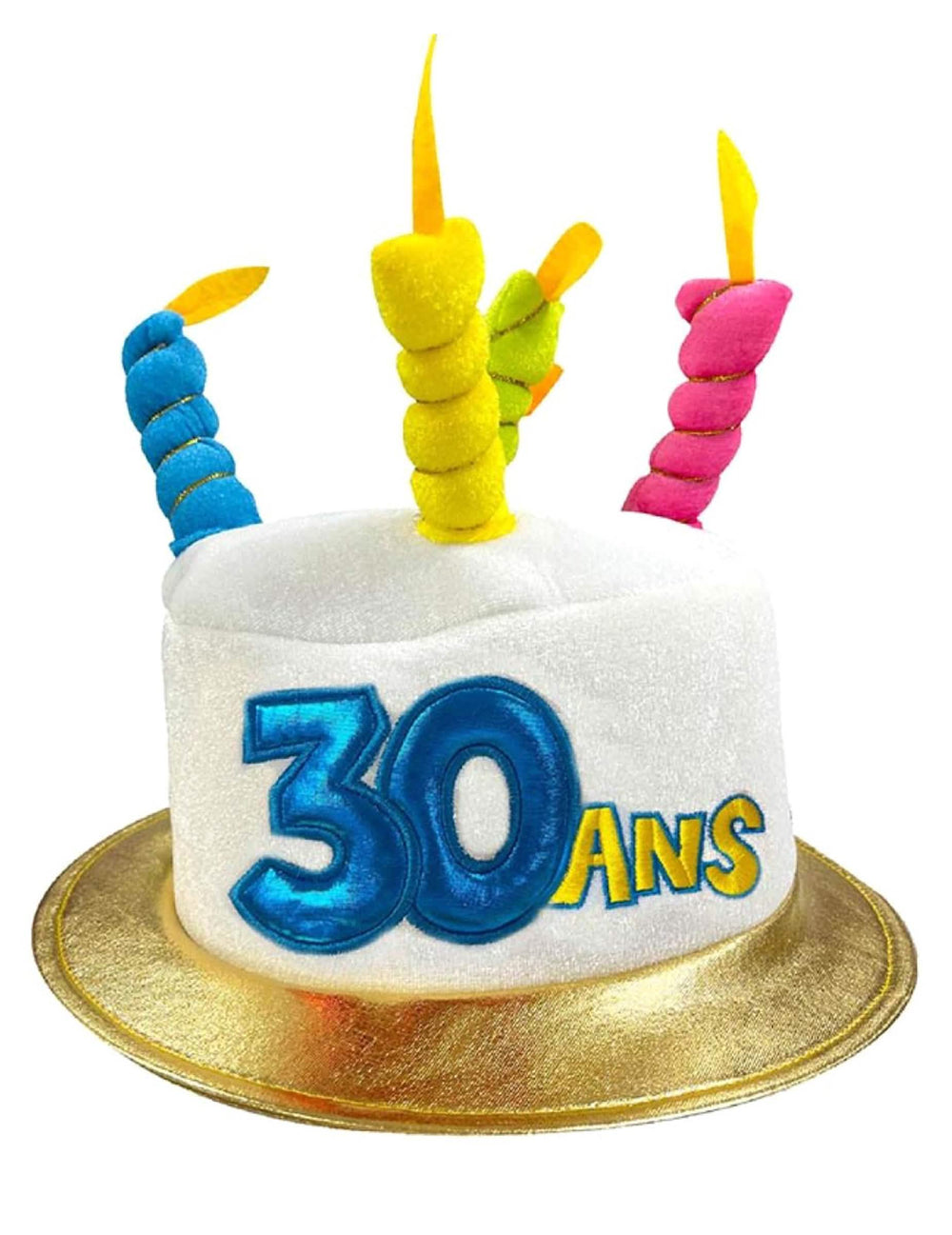 Sombrero 30 años para adulto blanco y dorado con velas de colores
