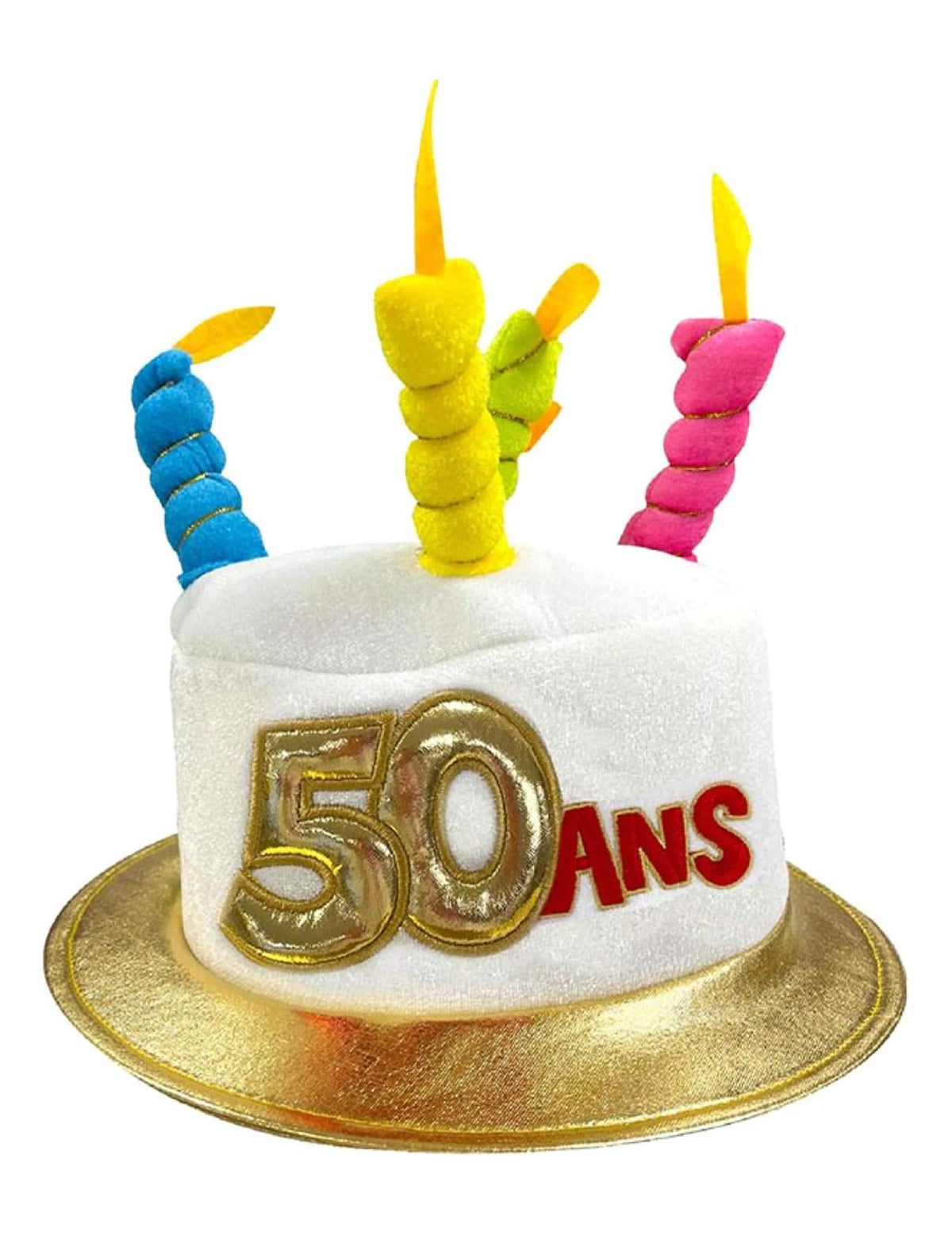 Sombrero pastel cumpleaños 50 años para adulto blanco y dorado con velas
