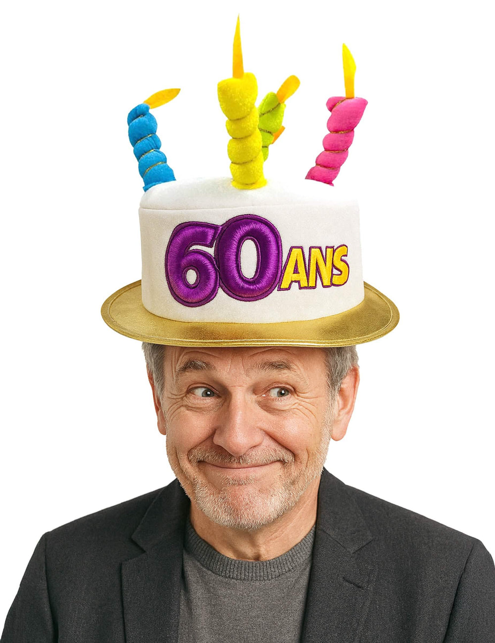 Sombrero tarta 60 años para adulto blanco con velas multicolores