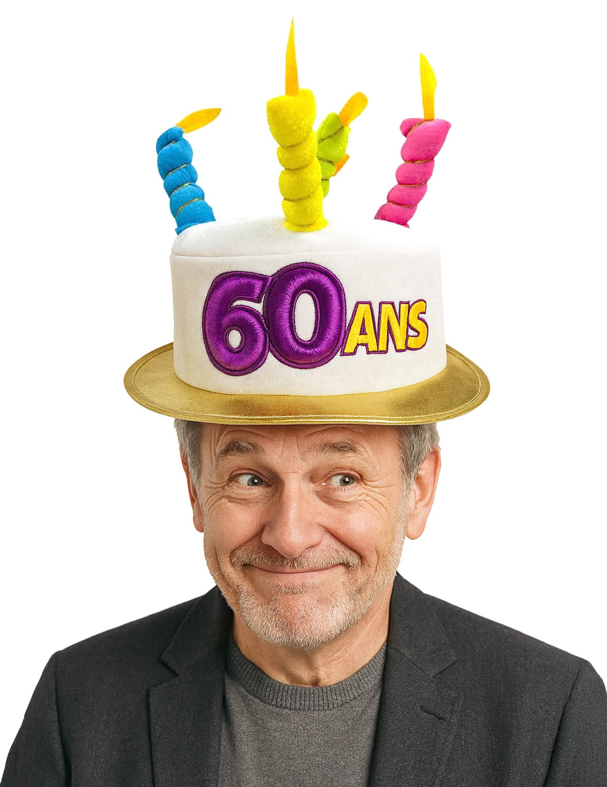 Sombrero tarta 60 años para adulto blanco con velas multicolores