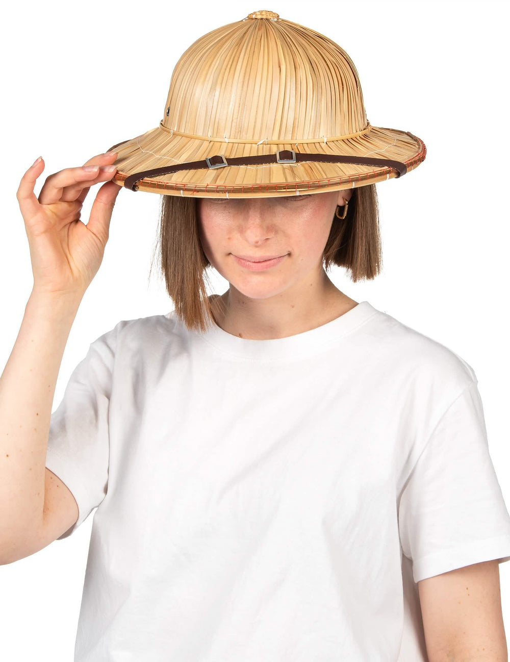 Vue de face portée du chapeau aventurier pour adulte