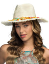 Chapeau bohème pour adulte beige avec broderies multicolores et bords effilochés