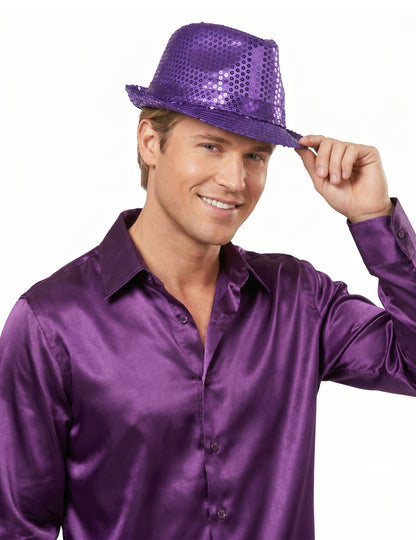 Sombrero borsalino lentejuelas violetas adulto
