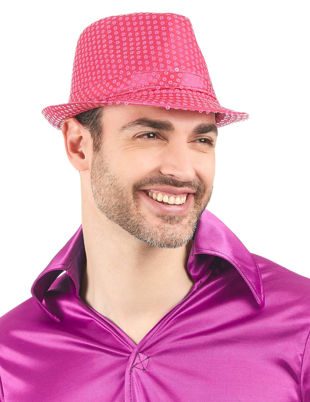 Vista frontal del sombrero borsalino de lentejuelas para adulto fosforito rosa