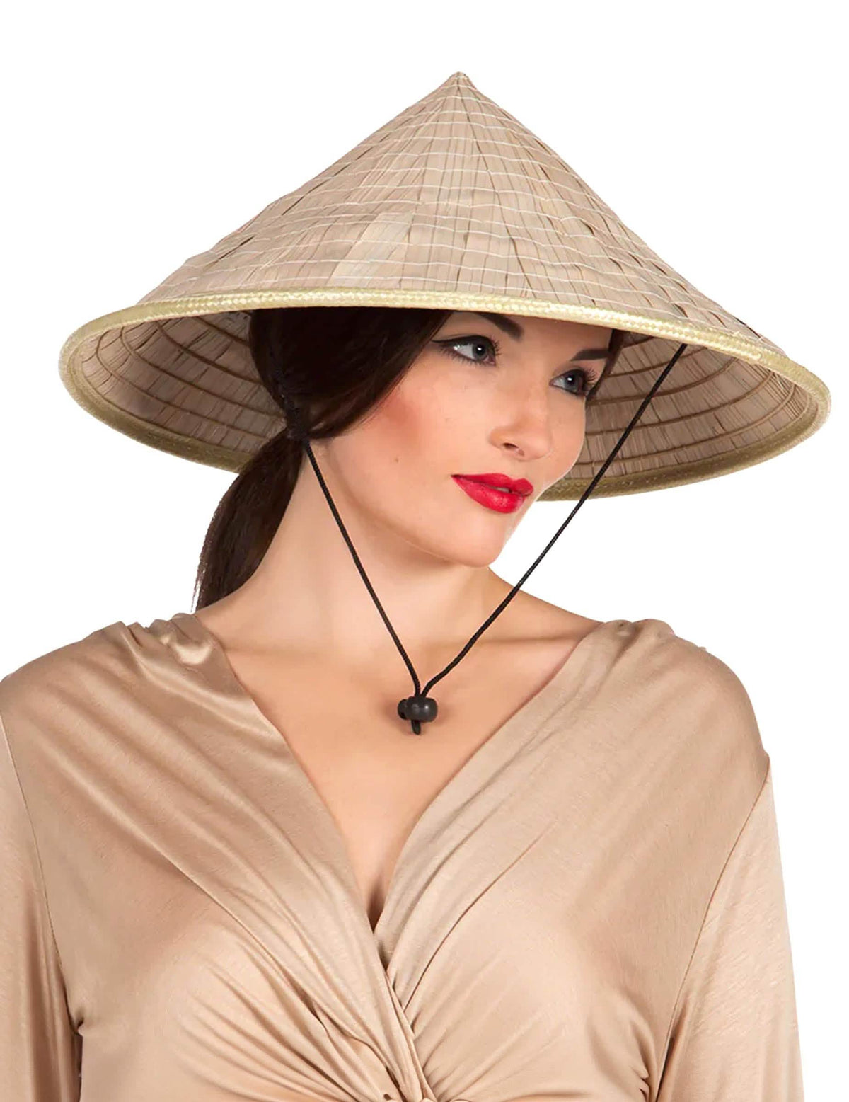 Chapeau chinois pour adulte naturel en paille avec cordon noir