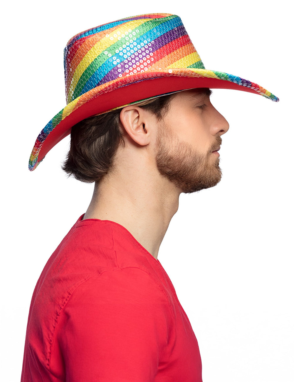 Vue de profil du chapeau de cowboy à paillettes arc en ciel