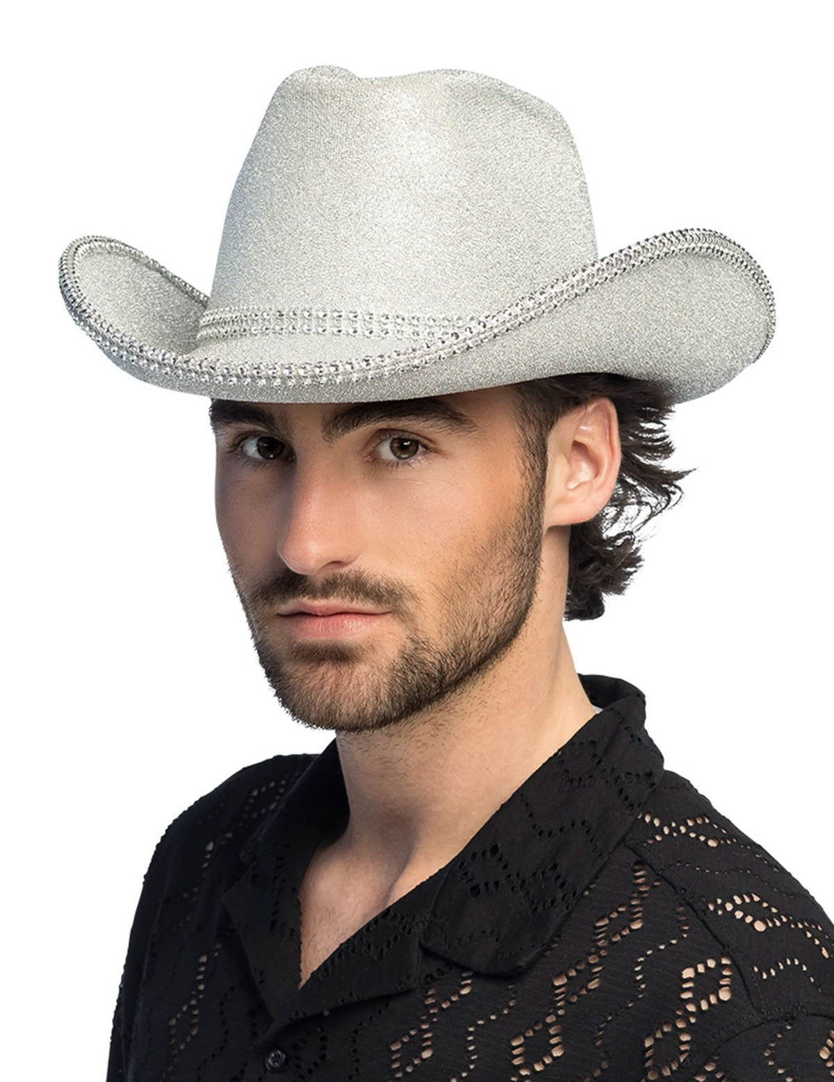 Vue de face du chapeau de cowboy pour adulte à paillettes argentées