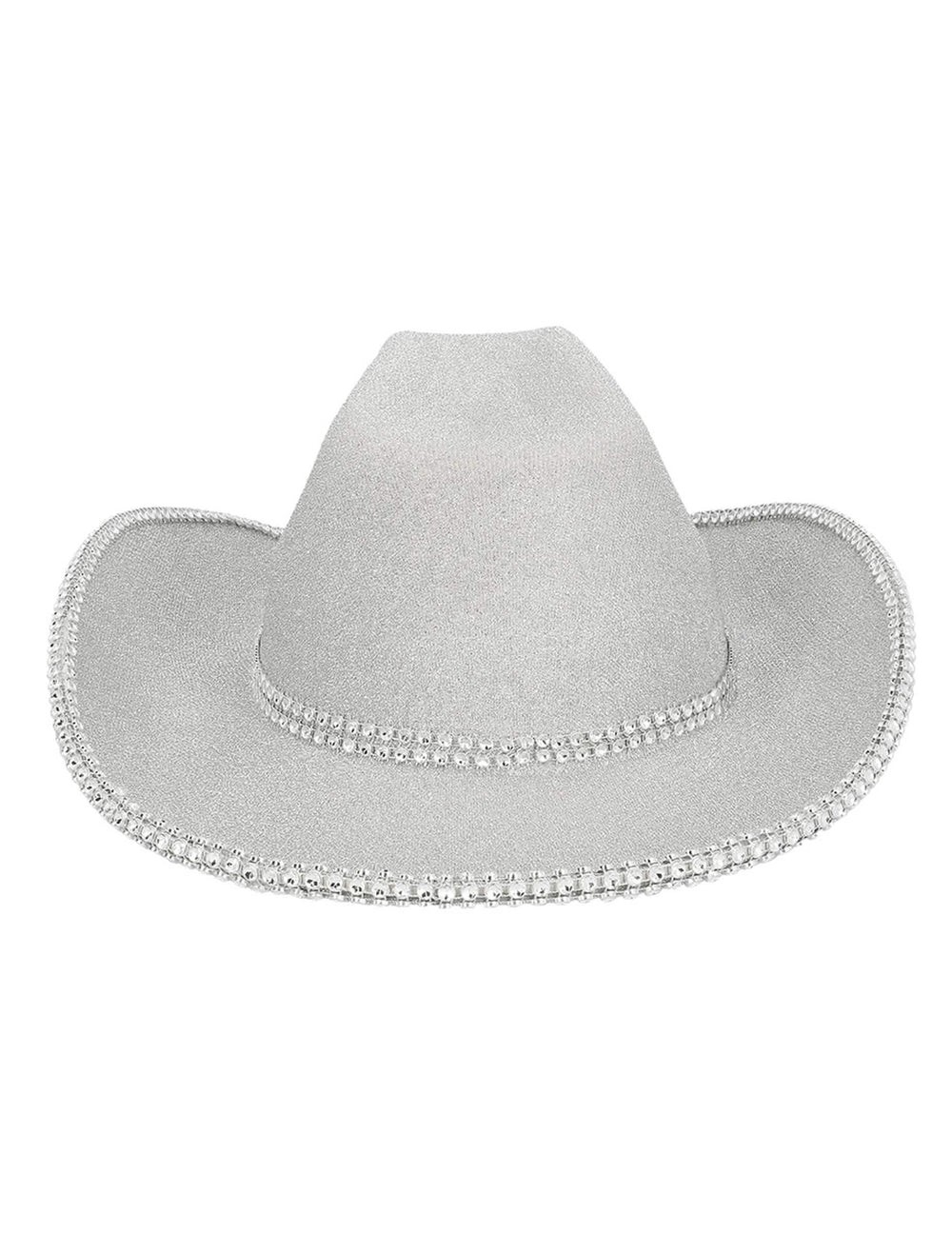 Détail des paillettes et des strass du chapeau de cowboy pour adulte à paillettes argentées