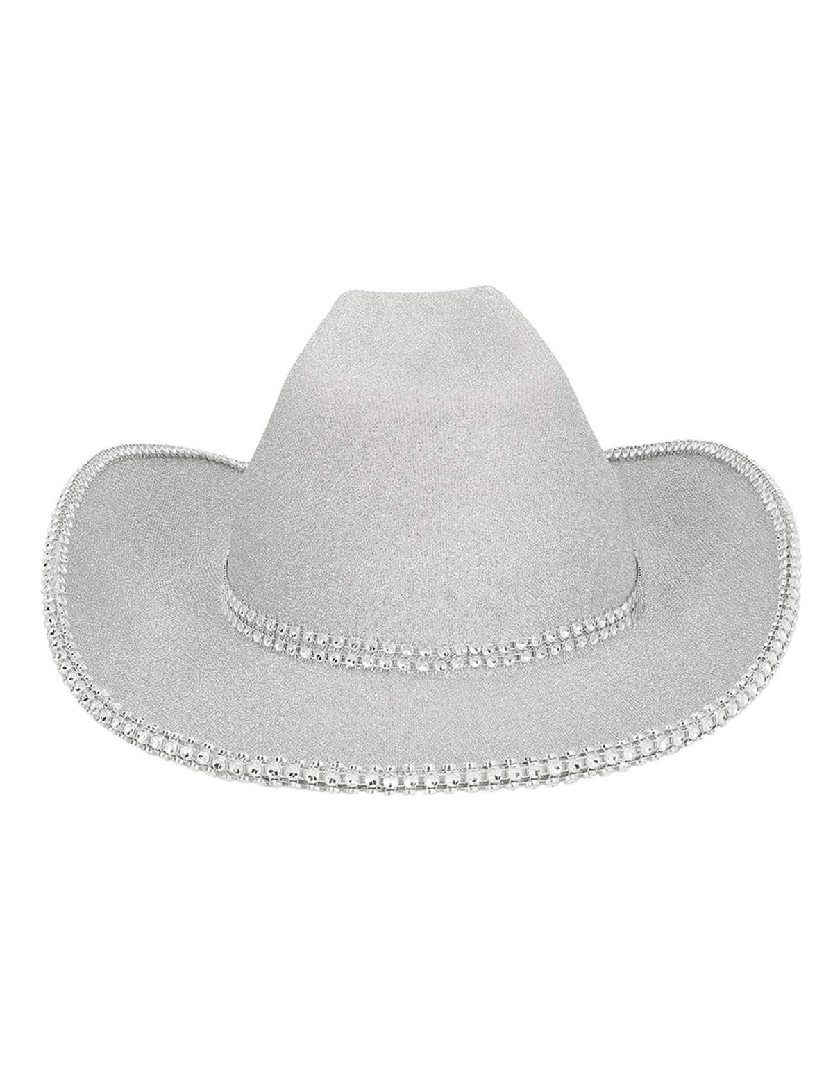 Détail des paillettes et des strass du chapeau de cowboy pour adulte à paillettes argentées