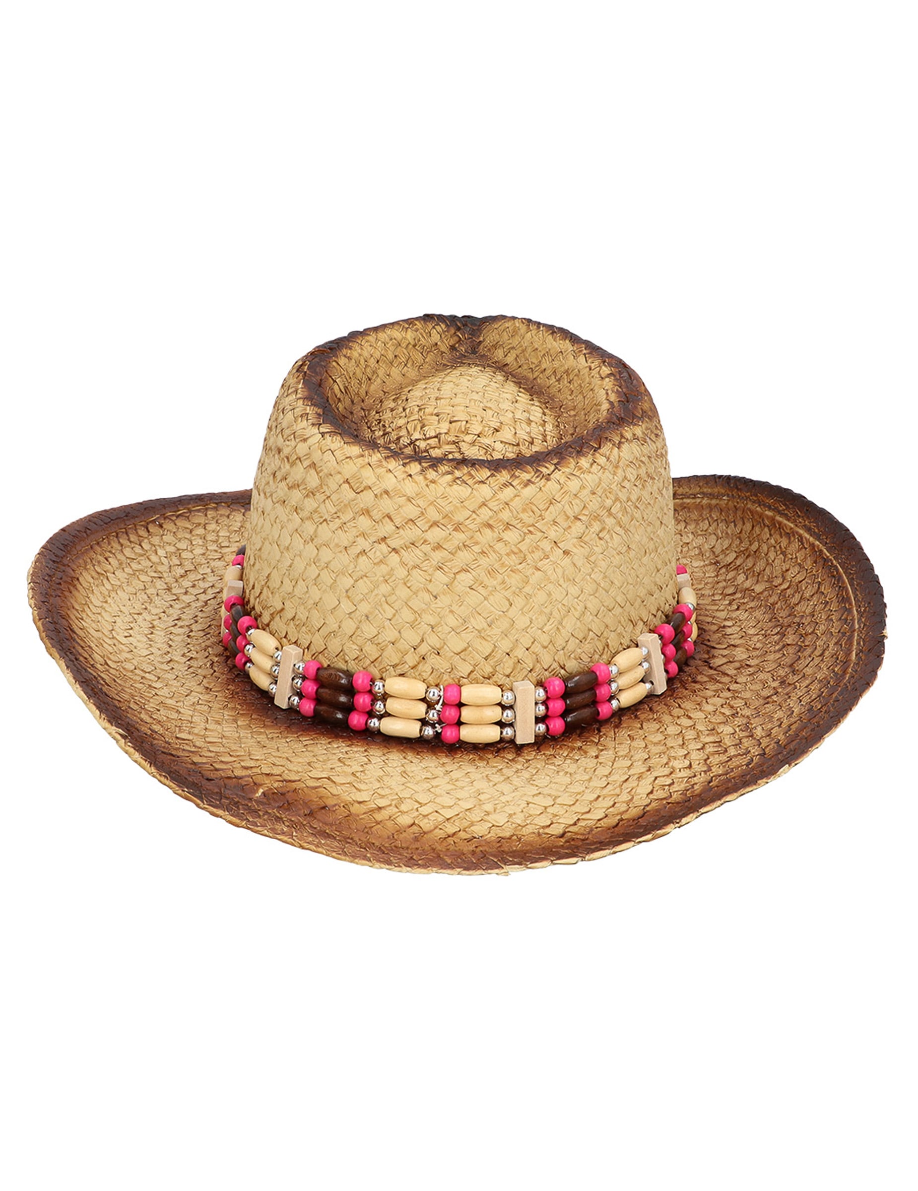 Vue de dessus du chapeau cowboy pour adulte en paille avec perles roses et blanches