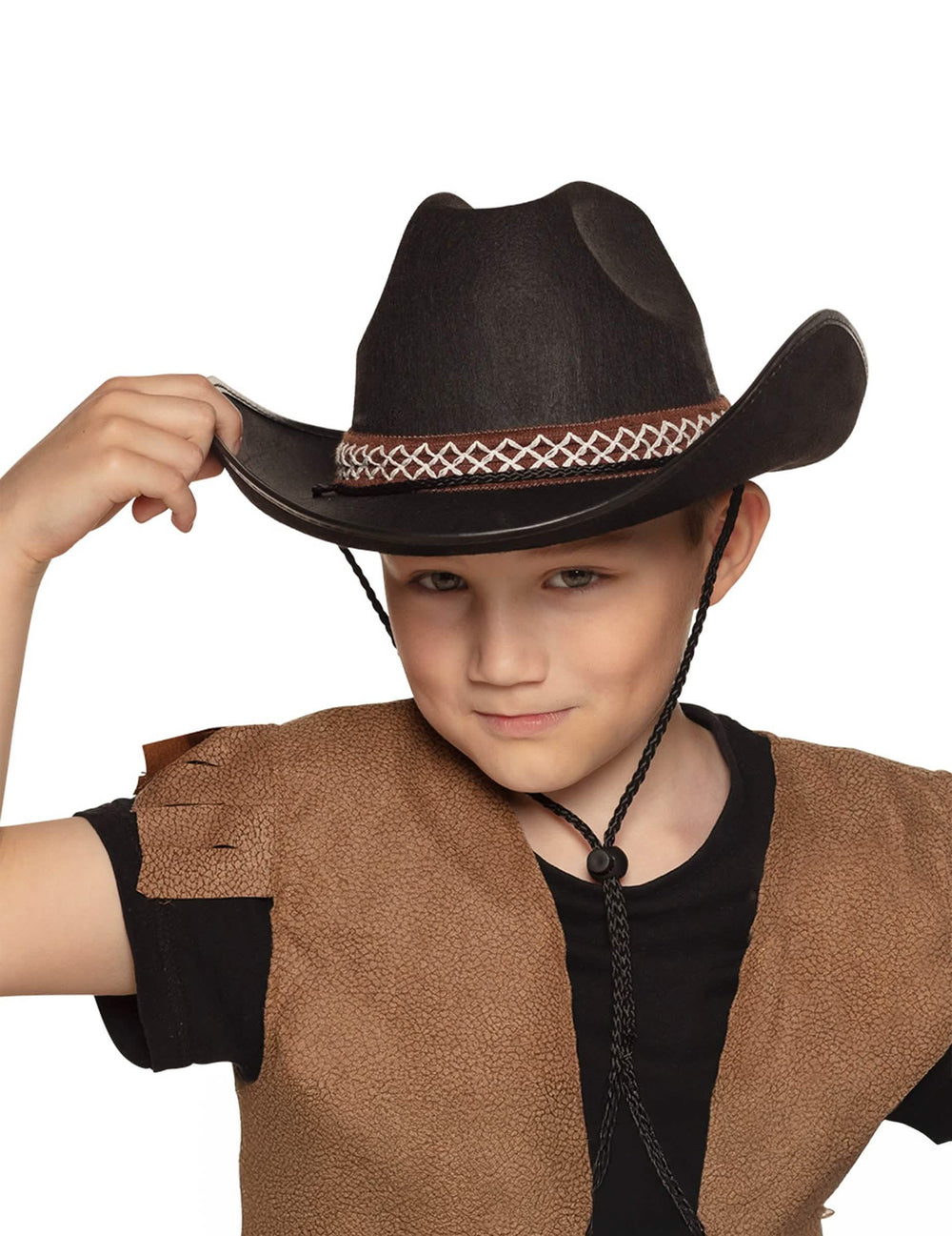 Sombrero cowboy para niño negro con galón marrón y blanco