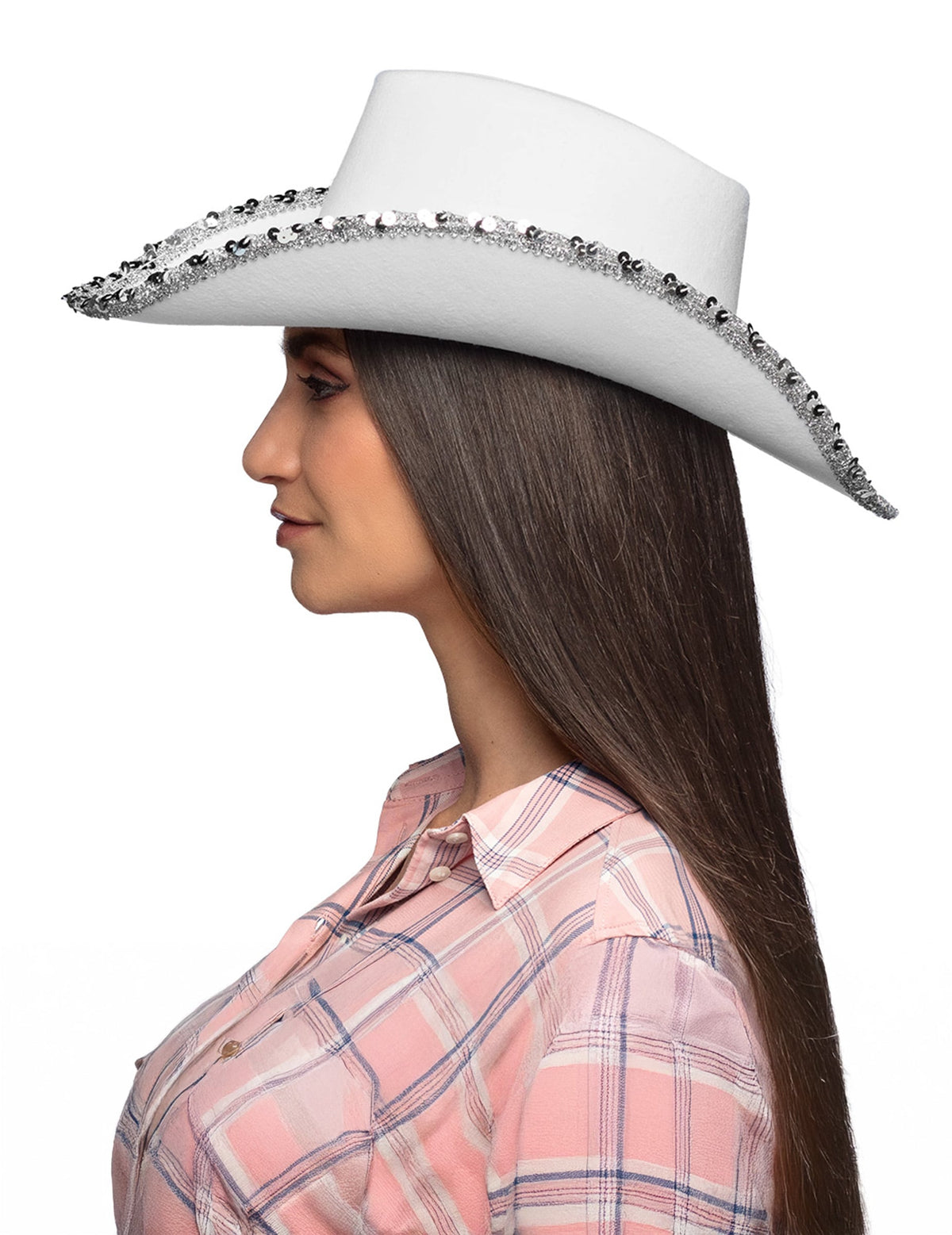 Vue de profil du chapeau de cowboy blanc à strass pour adulte