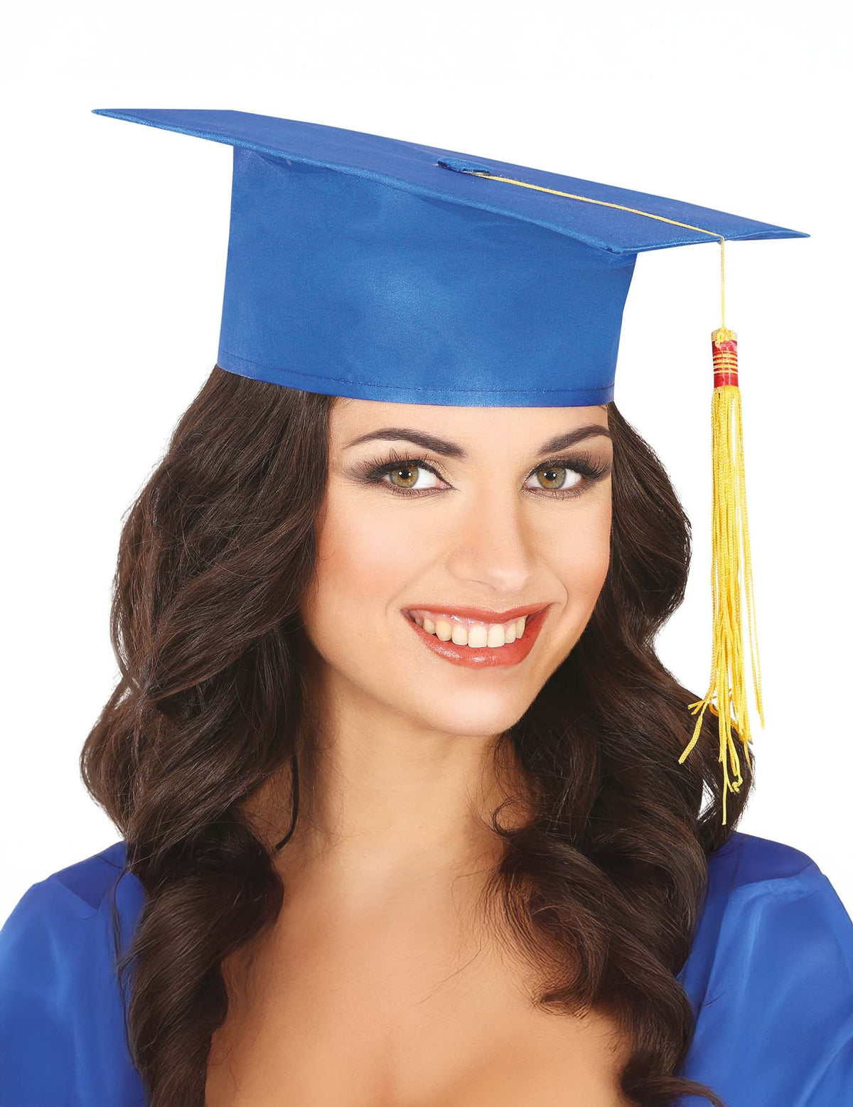 Chapeau de diplômé pour adulte bleu avec pompon jaune