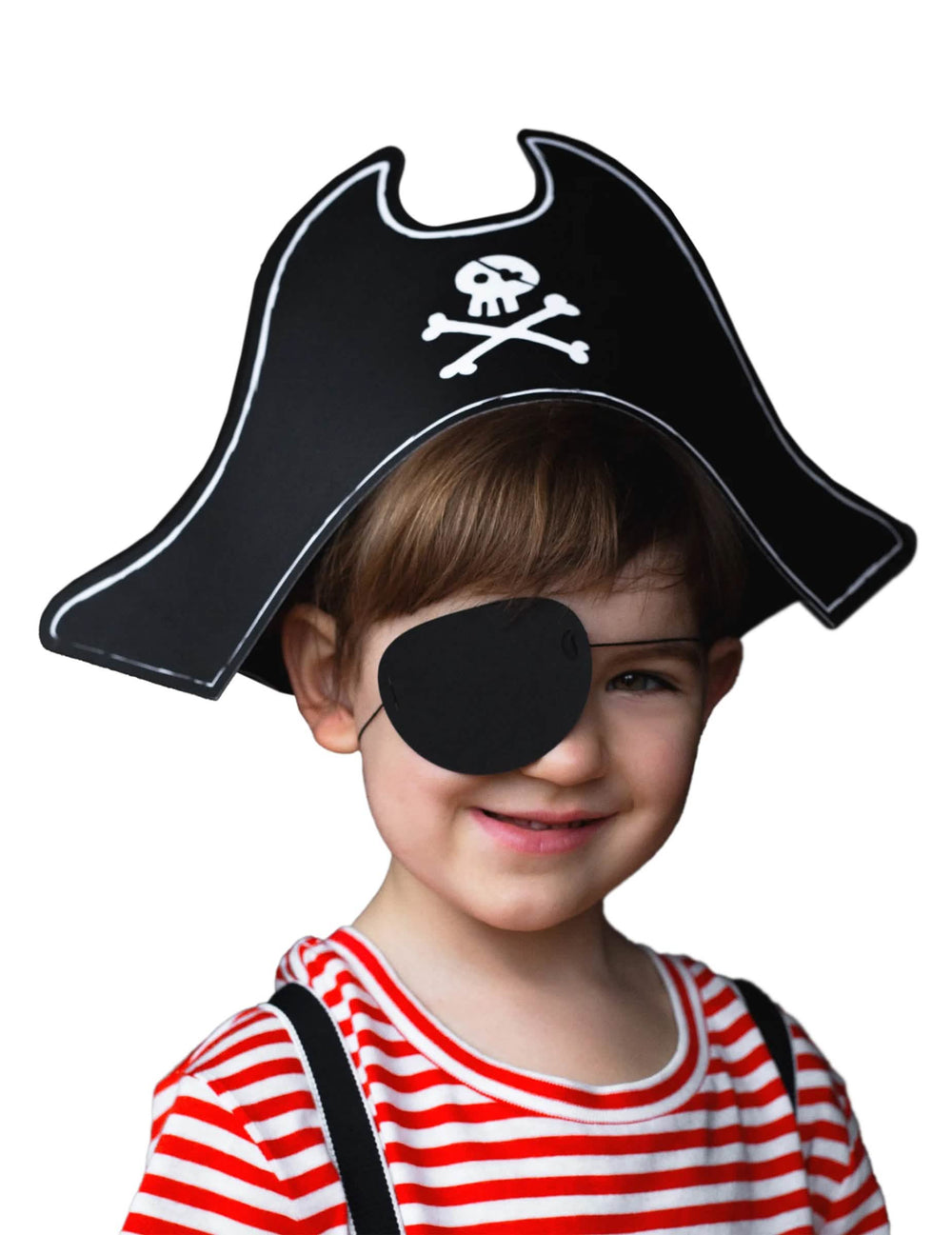 Sombrero de pirata y parche para ojo para niño negro con motivo de calavera blanco
