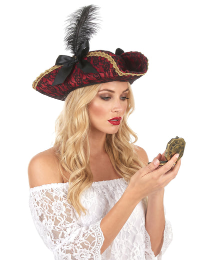 Sombrero pirata rojo con pluma adulto