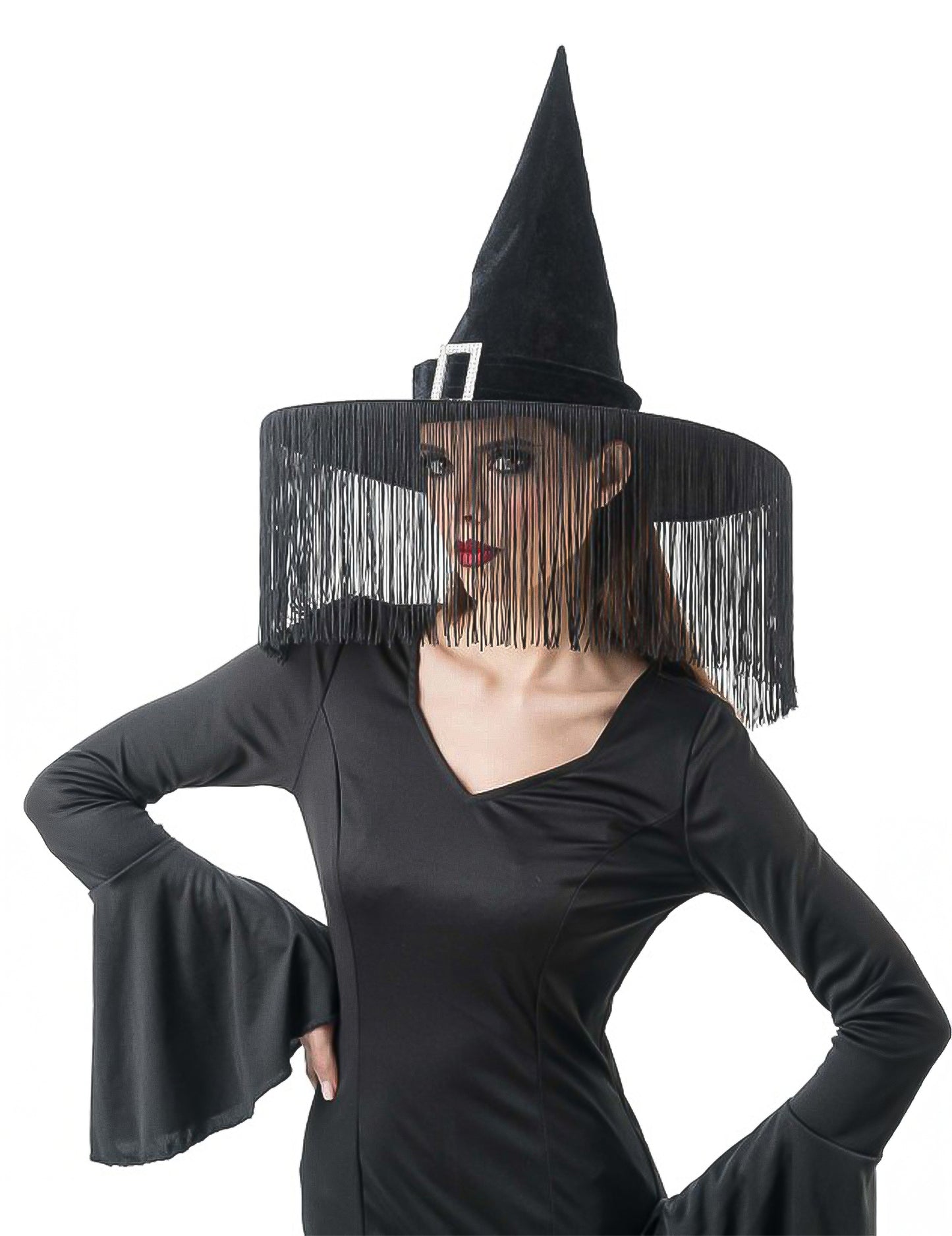 Sombrero de bruja negro con flecos adulto