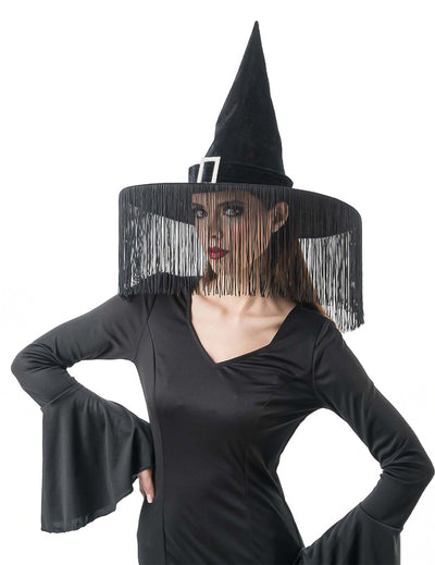 Sombrero de bruja negro con flecos adulto