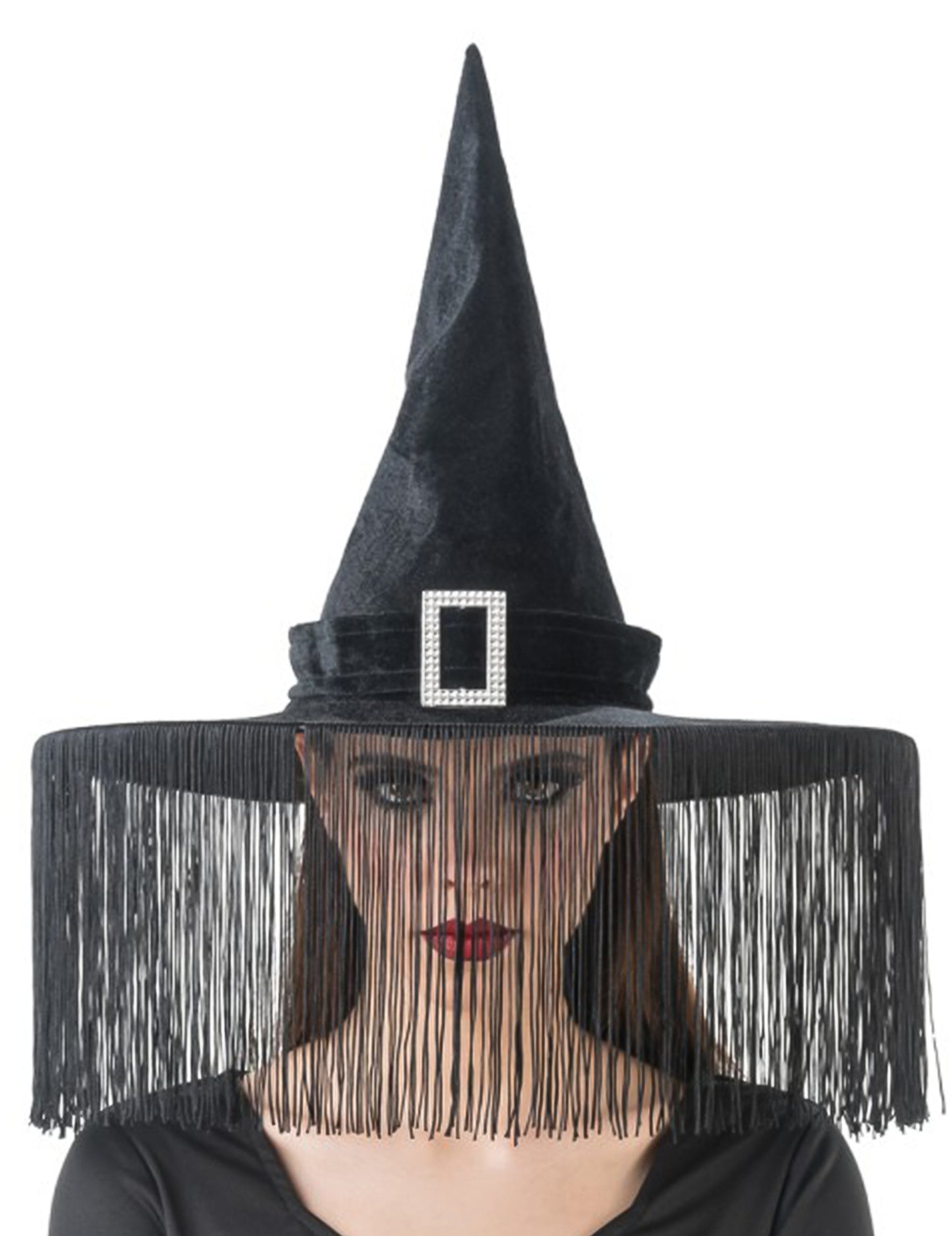 Sombrero de bruja negro con flecos adulto