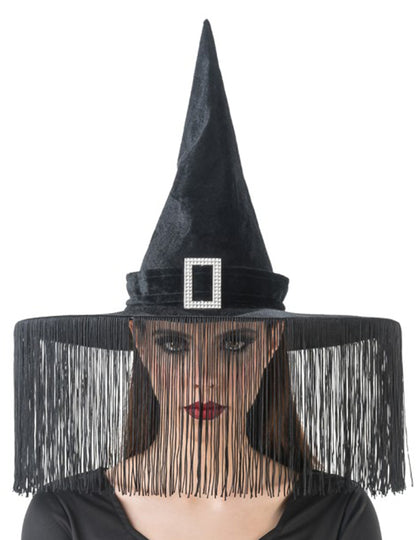 Sombrero de bruja negro con flecos adulto