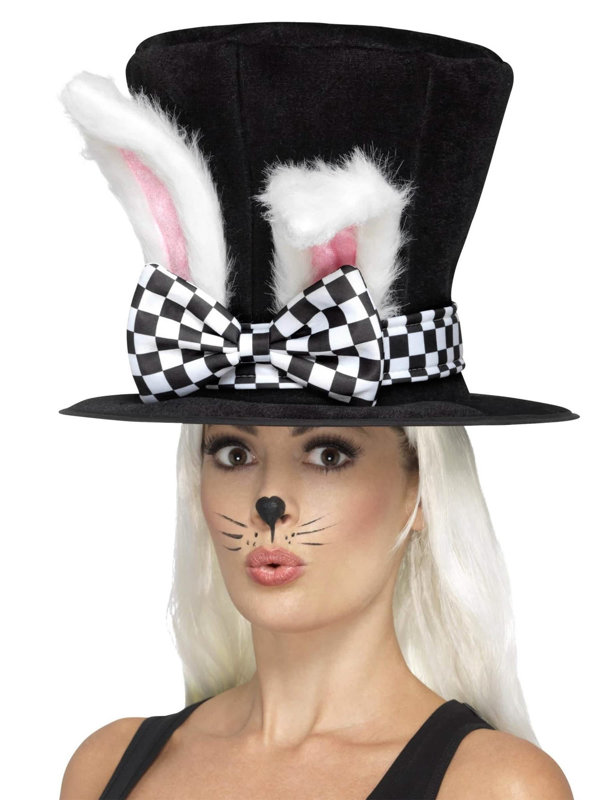 Chapeau haut de forme lapin pour adulte noir avec oreilles blanches et nœud à damier