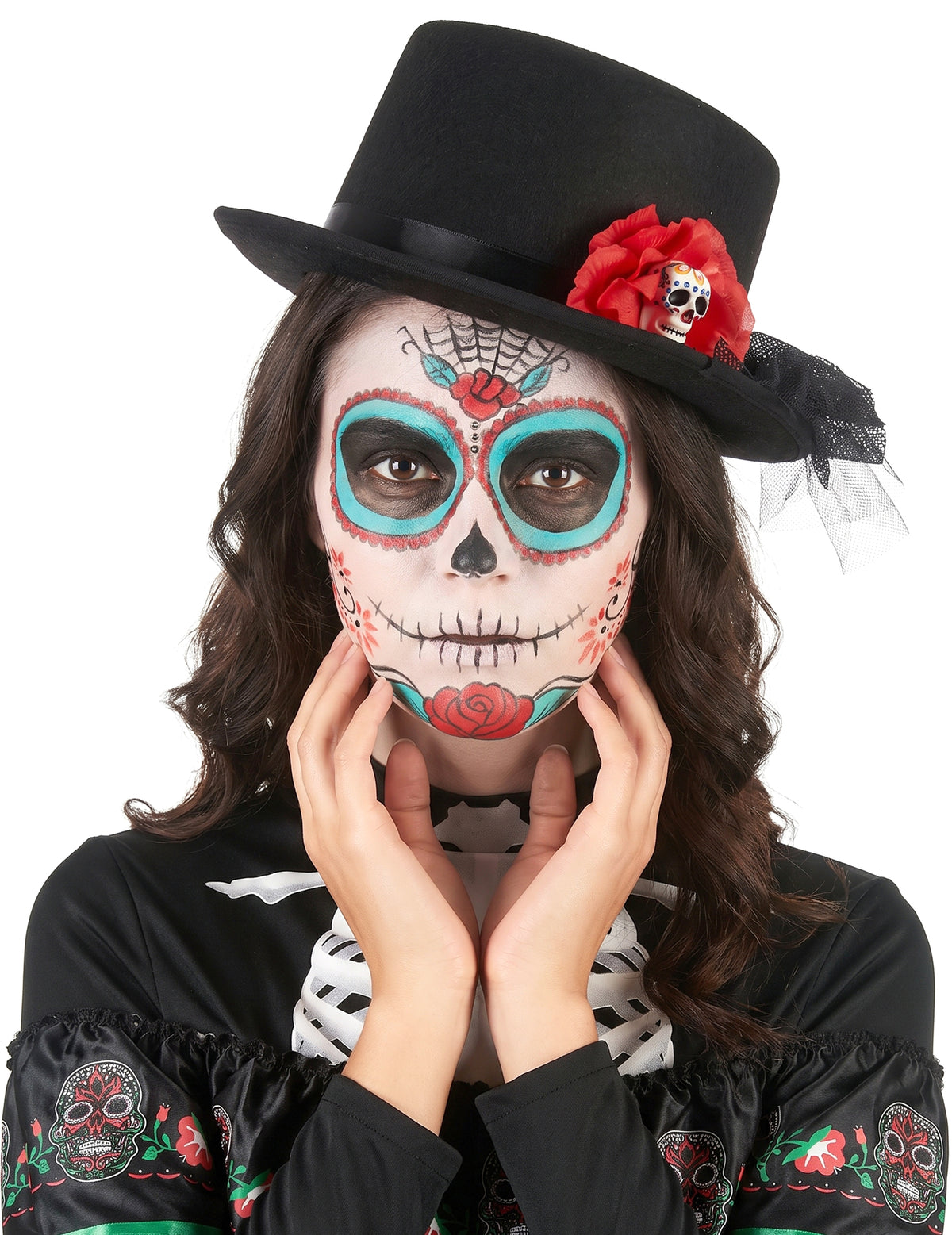 Sombrero alto negro calavera flor roja Día de los muertos adulto