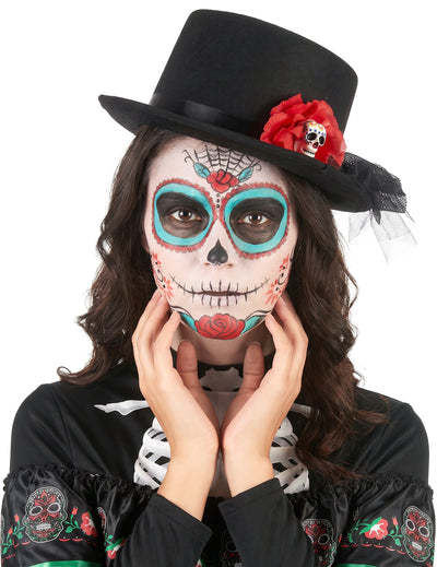 Sombrero alto negro calavera flor roja Día de los muertos adulto