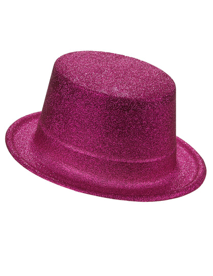 Sombrero de copa de plástico con brillantina rosa adulto