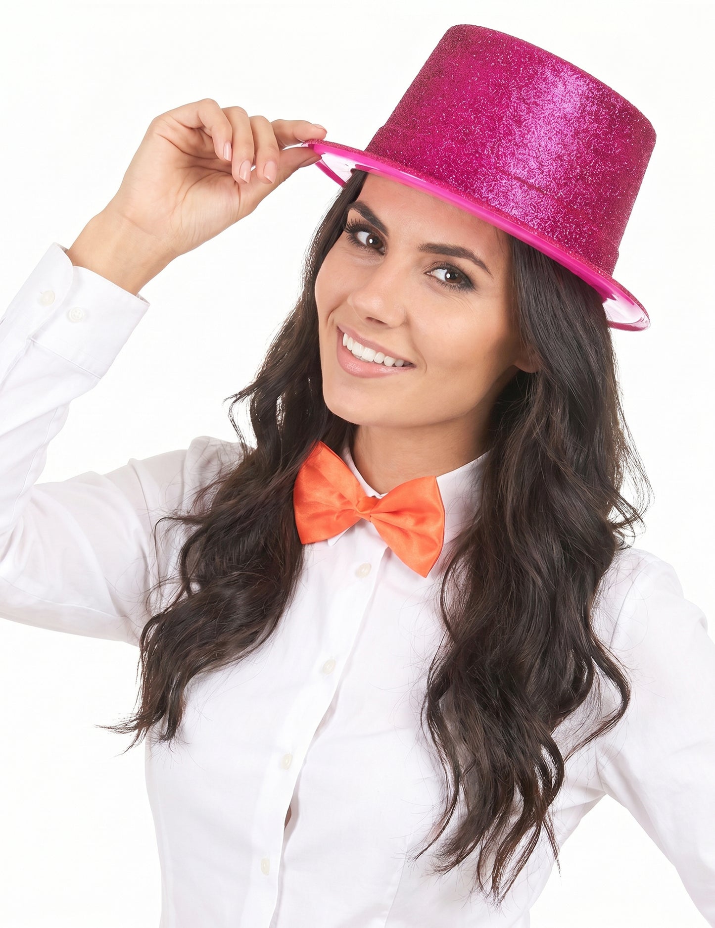 Sombrero de copa de plástico con brillantina rosa adulto