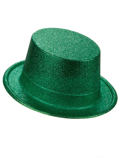 Sombrero de copa de plástico con brillantina verde adulto