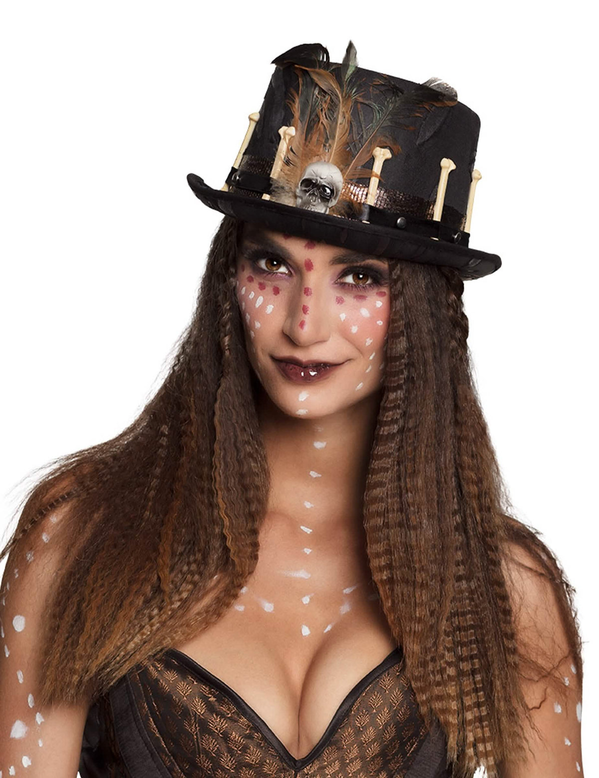 Sombrero de copa vudú para adulto negro con plumas y huesos