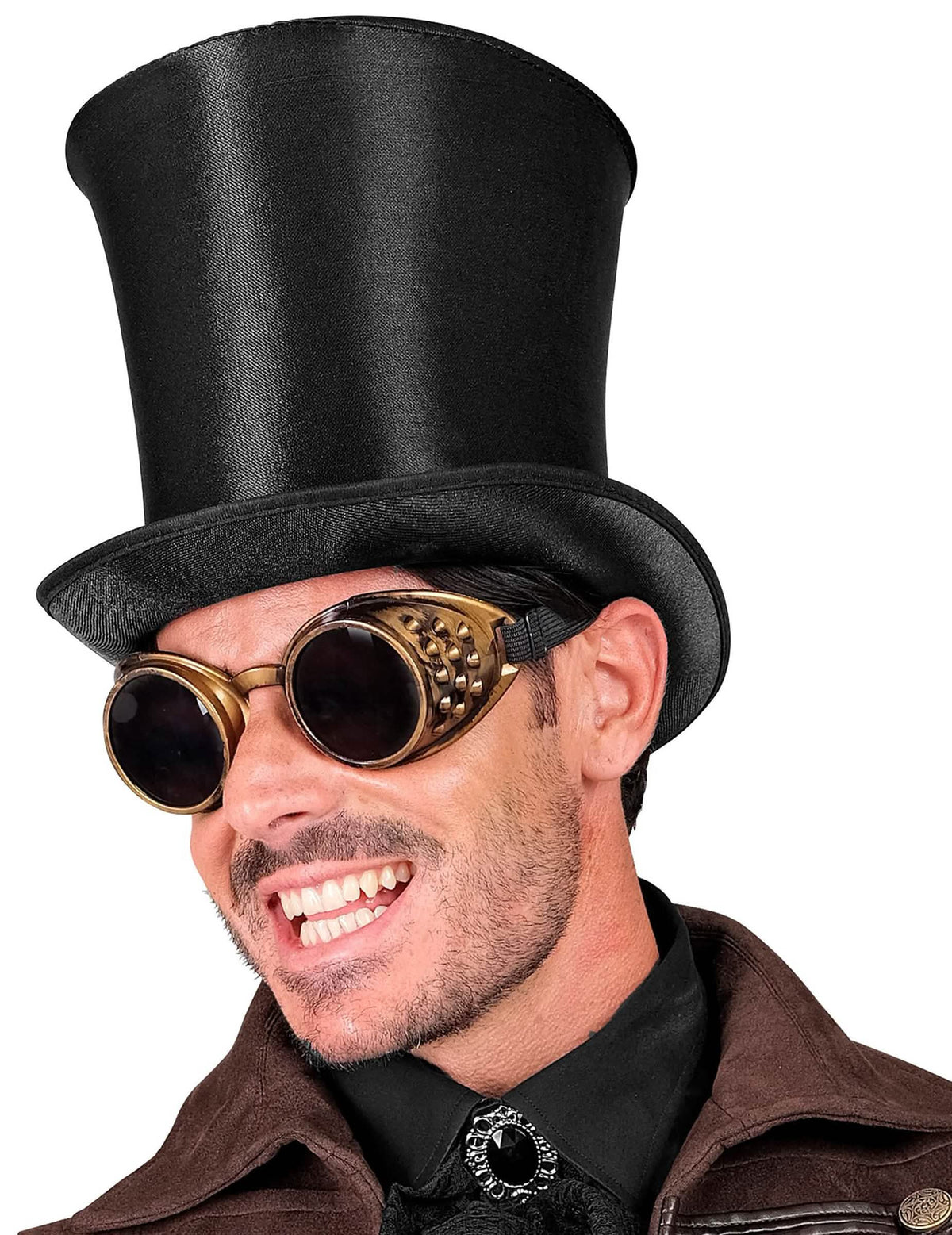 Vista de perfil con gafas steampunk del sombrero de copa de lujo para adulto