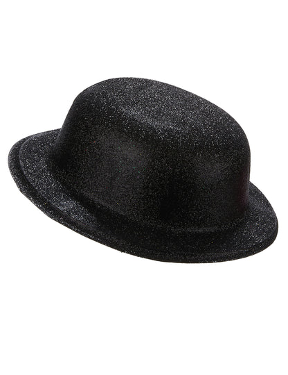 Vue de profil du chapeau melon plastique pailleté pour adulte noir